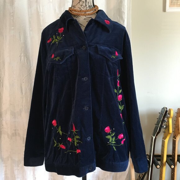 Blue Velvet Rose Embroidered and Sparkle Jacket Size Medium - Picture 2 of 14